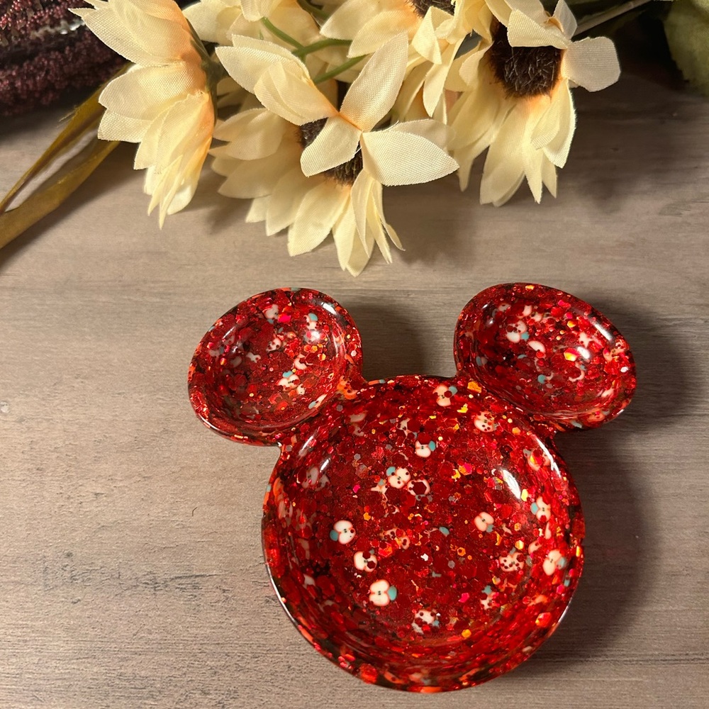 🍎 Red Glitter & Apple Mickey Trinket Dish